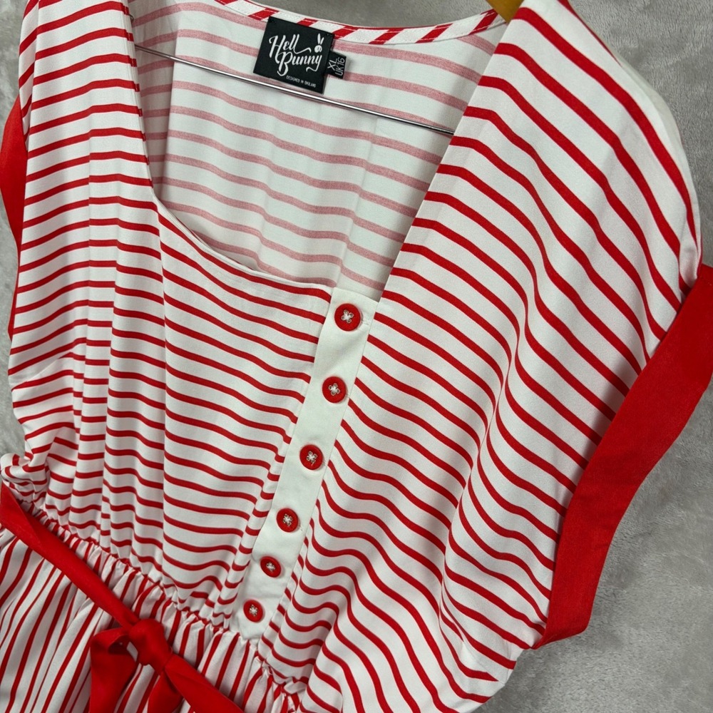 Hell Bunny Ahoy Dress XL UK 16 Red White Striped Nautical Retro Button Summer - Picture 6 of 14